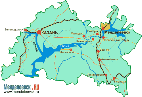 Расположение Менделеевска на карте Татарстана